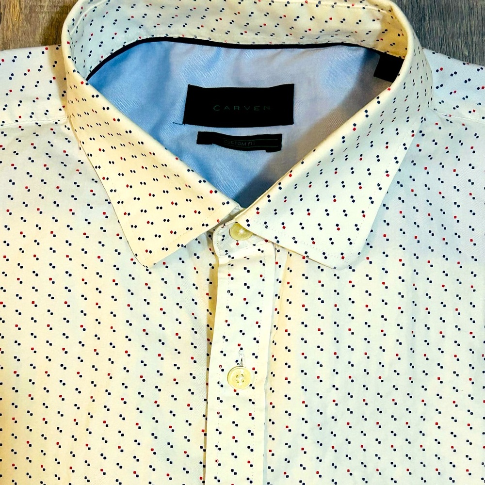 Carven Custom Fit Cream With Navy Blue & Red Dots L/S Button Down Shirt Size XL